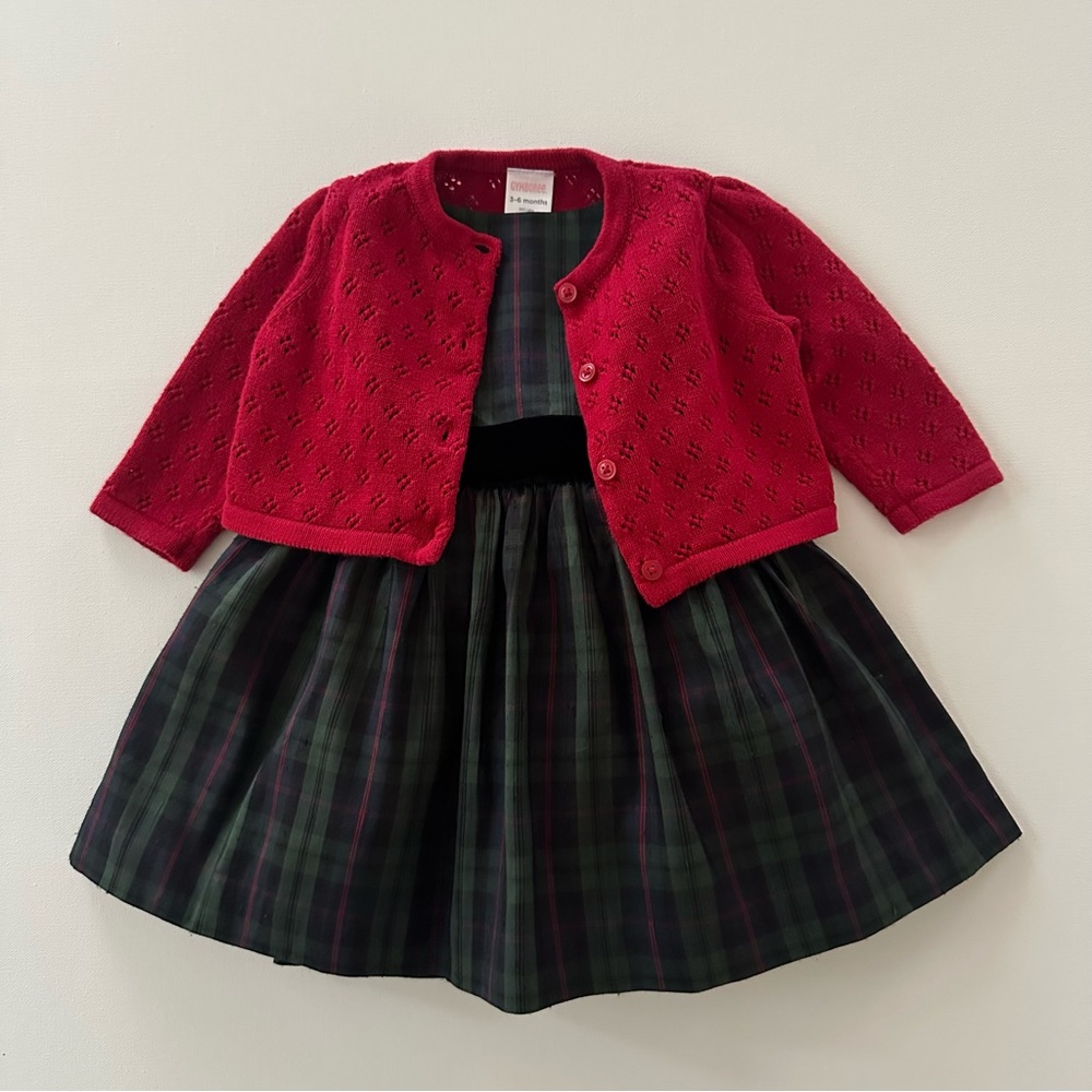 Gymboree 3-6 Months Baby Girl Red Cardigan Green Plaid Dress Set Holiday
